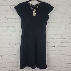 Anistar Black Wrap Dress Size Large Ribbed Knit V-neck Cap Sleeve Tie At Waist.